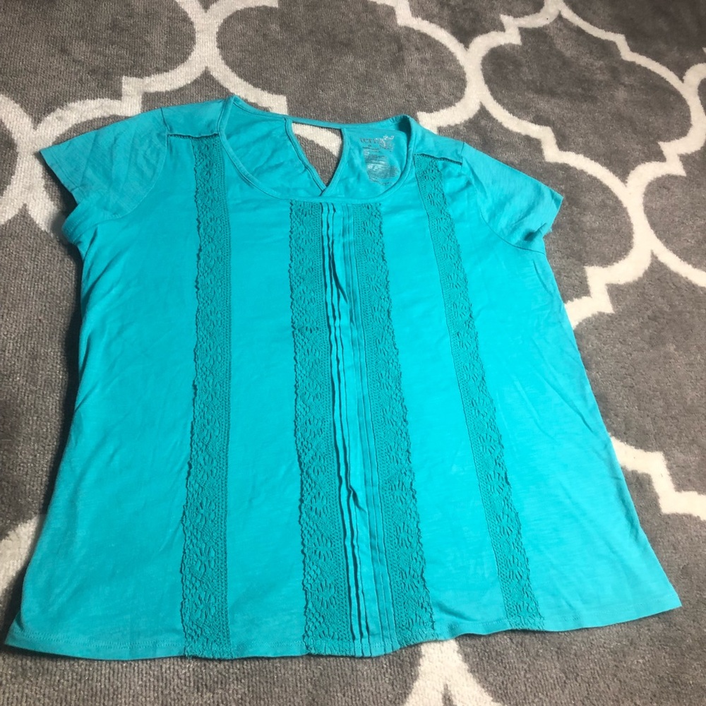 Terra & Sky Blouse Womens 1X Teal Lace Accent Keyhole Back Top Shirt